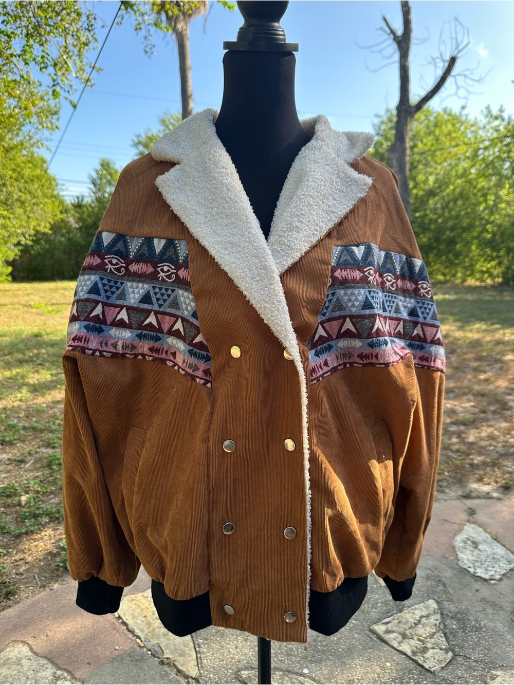 Aztec Corduroy Faux Sherpa Trim Western Retro Style Bomber Jacket Womens Medium